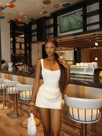 Women Square-Neck Halter Mini Dress Sexy Pleated Sleeveless Backless High Waist Bodycon Dresses 2025 New Summer Lady Party Robes