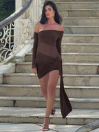 Off-Shoulder Long Sleeve Sexy Mini Dress Women Fashion See through Strapless Backless Draped Ruched Club Party Dresses