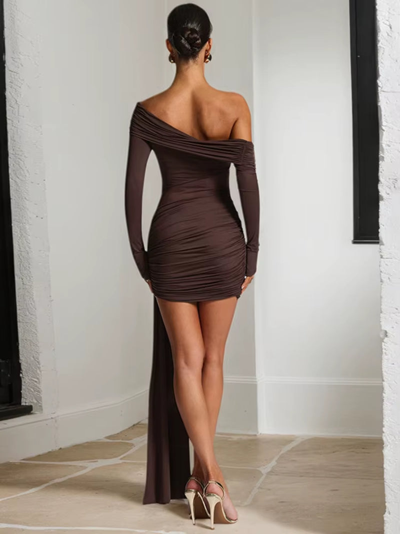 Off-Shoulder Long Sleeve Sexy Mini Dress Women Fashion See through Strapless Backless Draped Ruched Club Party Dresses