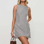 New Fashion Striped Print Slim Fit Mini Dress Women Casual round Neck Sleeveless Party Dress Elegant Lace-Up Waist A-Line Dress