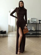 Turtleneck Thigh High Split Sexy Maxi Dress for Women Fashion Long Sleeve Draped Bandage Bodycon Club Long Dress