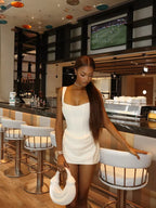 Women Square-Neck Halter Mini Dress Sexy Pleated Sleeveless Backless High Waist Bodycon Dresses 2025 New Summer Lady Party Robes