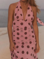 Pink Chiffon Polka Dot Printing Halter Maxi Dress Women Elegant Sleeveless Backless Skinny Pleated Robe Beach Evening Party Gown