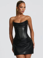 PU Leather Off-Shoulder Strapless Sexy Mini Dress Women Gown Elegant Backless Sleeveless Ruched Club Party Dresses