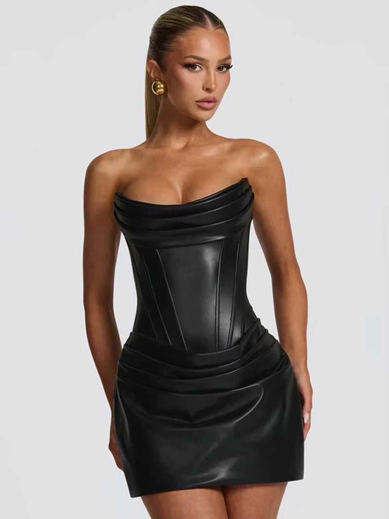 PU Leather Off-Shoulder Strapless Sexy Mini Dress Women Gown Elegant Backless Sleeveless Ruched Club Party Dresses