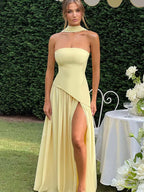 Elegant Solid Pleated Maxi Dress Women Sexy Sleeveless off Shoulder High Slit Spliced Scarf Slim Fit Dresses 2025 New Party Wear