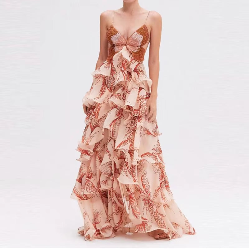 Lady Sexy V Neck Backless Tie up Long Dress Summer Sleeveless Hollow Bohemian Dress Fashion Butterfly Print Ruffle Pleated Dress