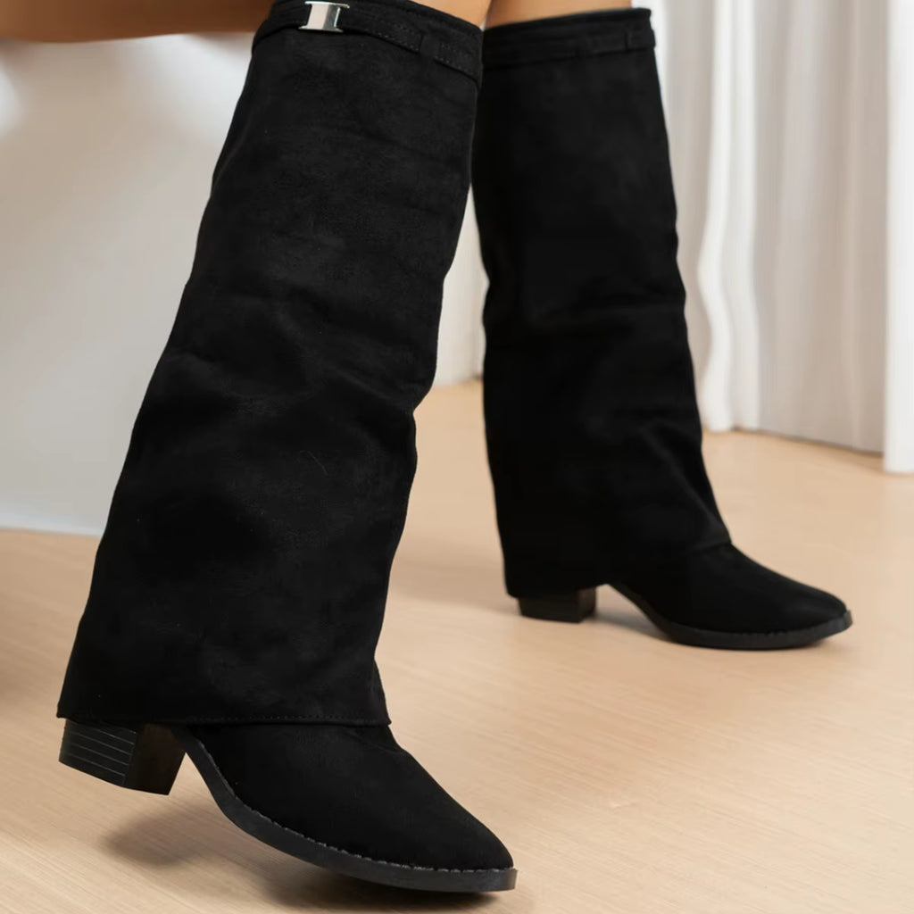 Large Size Women'S Boots 2025 New Pointed Toe Long Tube Booties Metal Buckle Chunky Heel Pants Boot Women'S Fashion Winter Boots