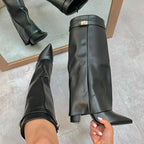 Large Size Women'S Boots 2025 New Pointed Toe Long Tube Booties Metal Buckle Chunky Heel Pants Boot Women'S Fashion Winter Boots