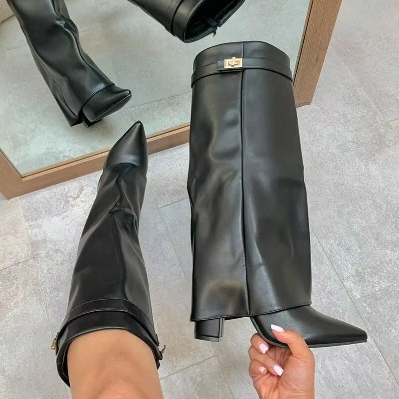 Large Size Women'S Boots 2025 New Pointed Toe Long Tube Booties Metal Buckle Chunky Heel Pants Boot Women'S Fashion Winter Boots