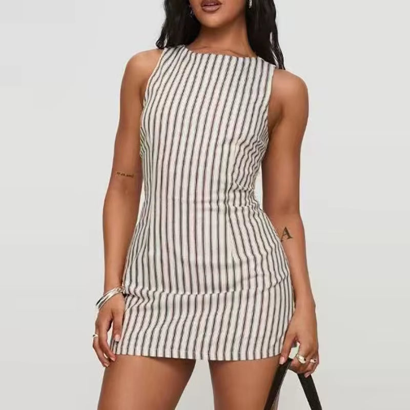 New Fashion Striped Print Slim Fit Mini Dress Women Casual round Neck Sleeveless Party Dress Elegant Lace-Up Waist A-Line Dress