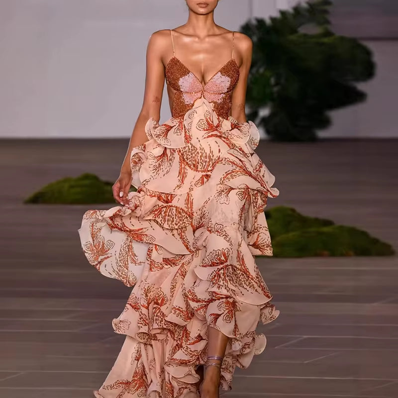 Lady Sexy V Neck Backless Tie up Long Dress Summer Sleeveless Hollow Bohemian Dress Fashion Butterfly Print Ruffle Pleated Dress