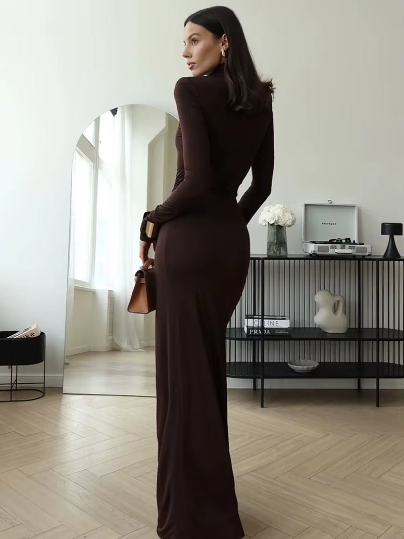 Turtleneck Thigh High Split Sexy Maxi Dress for Women Fashion Long Sleeve Draped Bandage Bodycon Club Long Dress