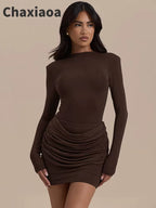 Long Sleeve Ruched Sexy Mini Dress Women Autumn Winter New Elegant High Waist Bodycon Club Party Dresses Female