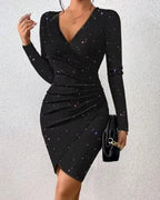 Elegant Black V-Neck Long Sleeve Mini Dress with Glitter Detail - Stretchy Polyester Ruched Cocktail Party Gown for Women, Cock