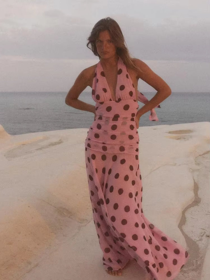 Pink Chiffon Polka Dot Printing Halter Maxi Dress Women Elegant Sleeveless Backless Skinny Pleated Robe Beach Evening Party Gown