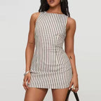 New Fashion Striped Print Slim Fit Mini Dress Women Casual round Neck Sleeveless Party Dress Elegant Lace-Up Waist A-Line Dress