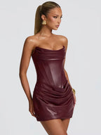 PU Leather Off-Shoulder Strapless Sexy Mini Dress Women Gown Elegant Backless Sleeveless Ruched Club Party Dresses