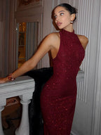 2025 New Women'S Elegant Shiny Party Bodycon Robes Sexy Slim Sequins Red Sleeveless Long Dress Fashion Solid Maxi Gown Dresses