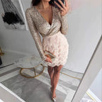 Women'S Luxurious Sequins Feather Evening Dress Sparkly V-Neck Long Sleeve Slim Mini Dress Fashion Cocktail Party Prom Dresses