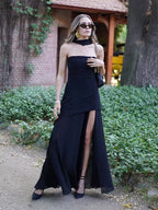 Elegant Solid Pleated Maxi Dress Women Sexy Sleeveless off Shoulder High Slit Spliced Scarf Slim Fit Dresses 2025 New Party Wear