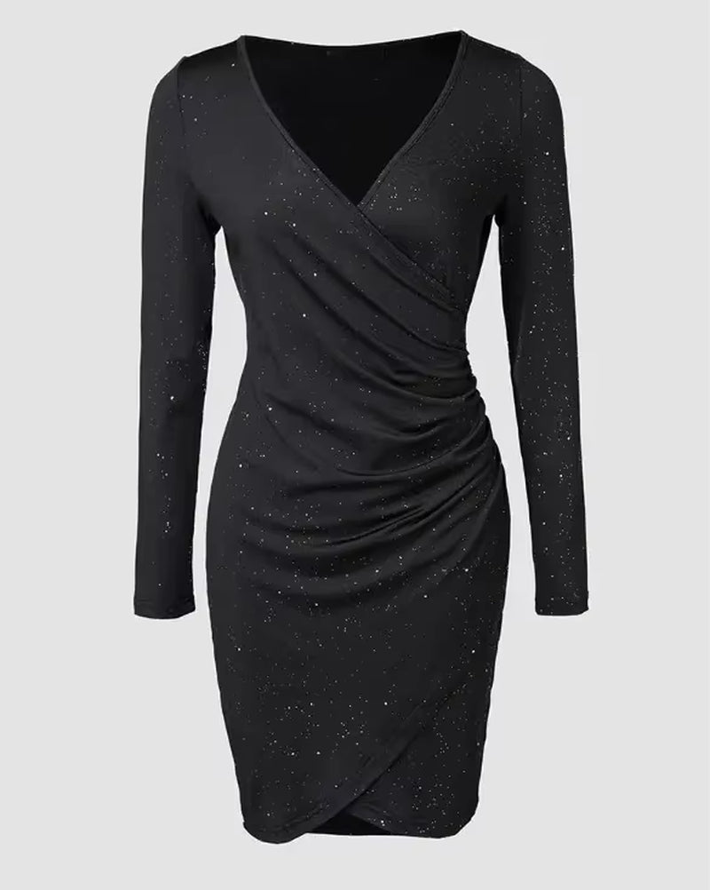 Elegant Black V-Neck Long Sleeve Mini Dress with Glitter Detail - Stretchy Polyester Ruched Cocktail Party Gown for Women, Cock