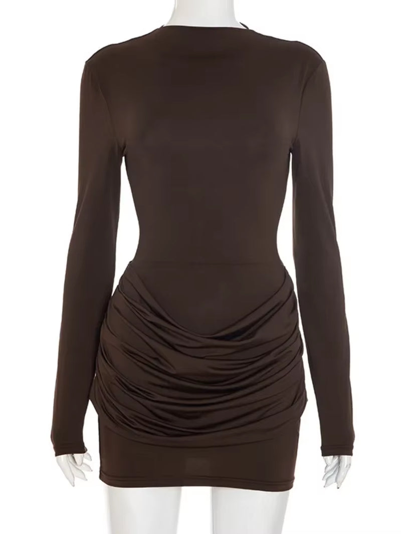 Long Sleeve Ruched Sexy Mini Dress Women Autumn Winter New Elegant High Waist Bodycon Club Party Dresses Female