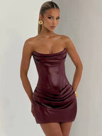 PU Leather Off-Shoulder Strapless Sexy Mini Dress Women Gown Elegant Backless Sleeveless Ruched Club Party Dresses