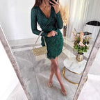 Women'S Luxurious Sequins Feather Evening Dress Sparkly V-Neck Long Sleeve Slim Mini Dress Fashion Cocktail Party Prom Dresses