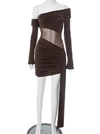 Off-Shoulder Long Sleeve Sexy Mini Dress Women Fashion See through Strapless Backless Draped Ruched Club Party Dresses