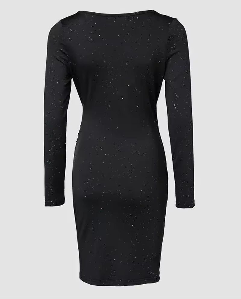 Elegant Black V-Neck Long Sleeve Mini Dress with Glitter Detail - Stretchy Polyester Ruched Cocktail Party Gown for Women, Cock