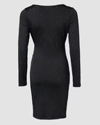 Elegant Black V-Neck Long Sleeve Mini Dress with Glitter Detail - Stretchy Polyester Ruched Cocktail Party Gown for Women, Cock
