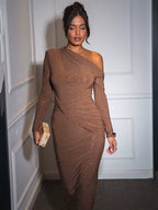 Sparkle Long Sleeve Sexy Maxi Dress for Women Inclined Shoulder Backless Bodycon Ruched Club Party Sexy Long Dress