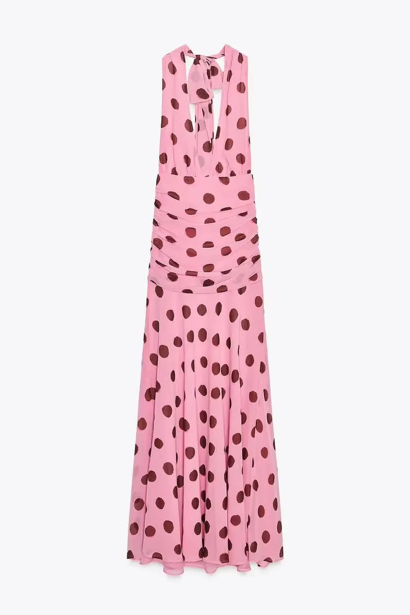 Pink Chiffon Polka Dot Printing Halter Maxi Dress Women Elegant Sleeveless Backless Skinny Pleated Robe Beach Evening Party Gown