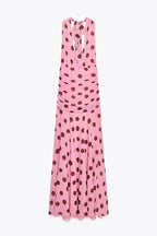 Pink Chiffon Polka Dot Printing Halter Maxi Dress Women Elegant Sleeveless Backless Skinny Pleated Robe Beach Evening Party Gown
