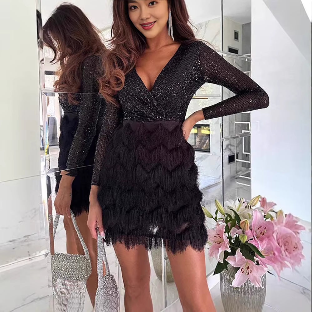 Women'S Luxurious Sequins Feather Evening Dress Sparkly V-Neck Long Sleeve Slim Mini Dress Fashion Cocktail Party Prom Dresses