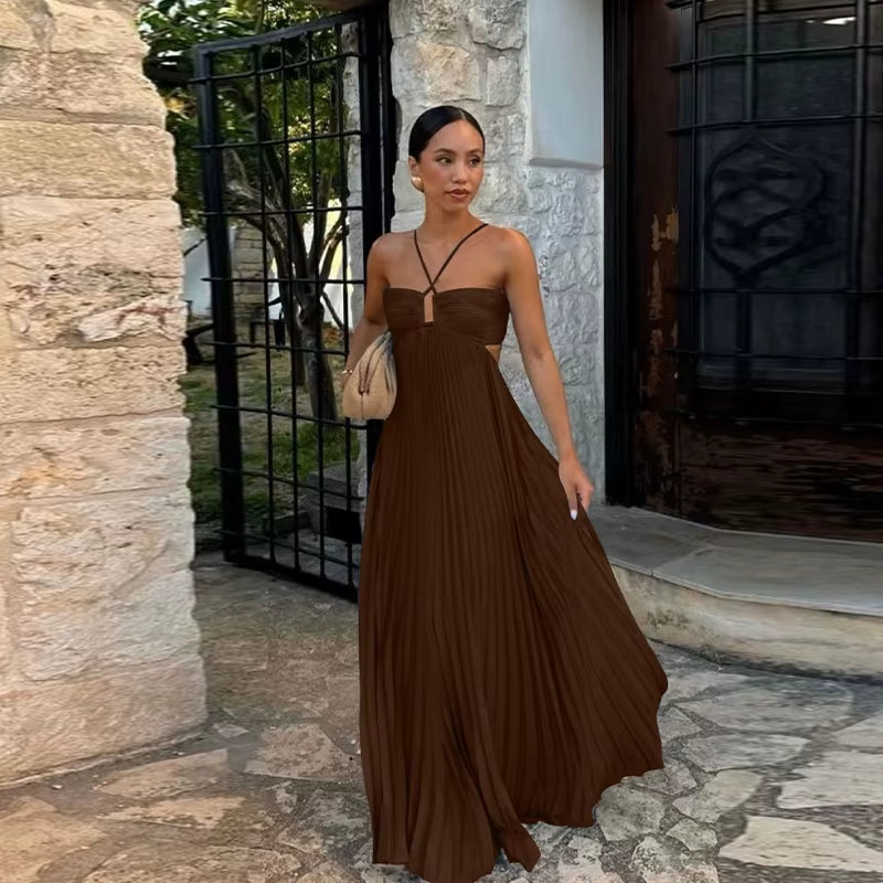 Summer Halter Pleated Long Dress Women Backless Sleeveless Blue Beach Vacation Dresses Female 2025 Fashion Lady A-Line Robes