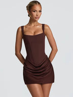 Backless Ruched Sexy Mini Dress Women Elegant Tapered Straps Square Collar Sleeveless High Waist Club Party Dress