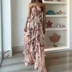 Lady Sexy V Neck Backless Tie up Long Dress Summer Sleeveless Hollow Bohemian Dress Fashion Butterfly Print Ruffle Pleated Dress