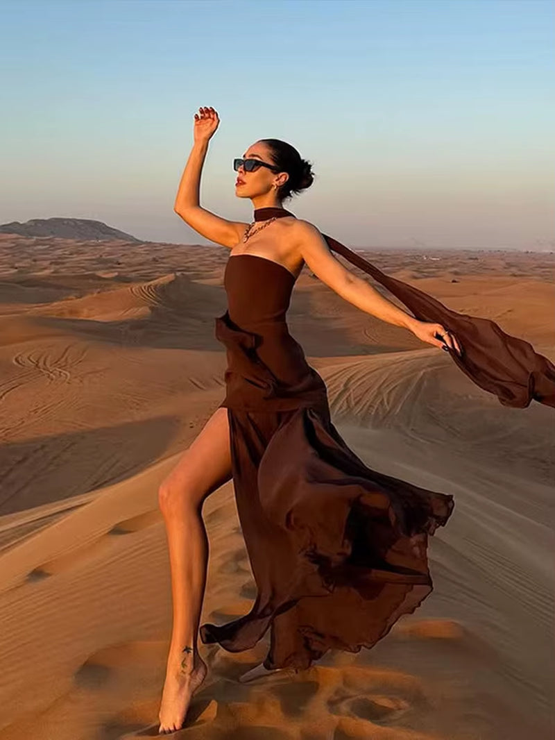 Elegant Solid Pleated Maxi Dress Women Sexy Sleeveless off Shoulder High Slit Spliced Scarf Slim Fit Dresses 2025 New Party Wear