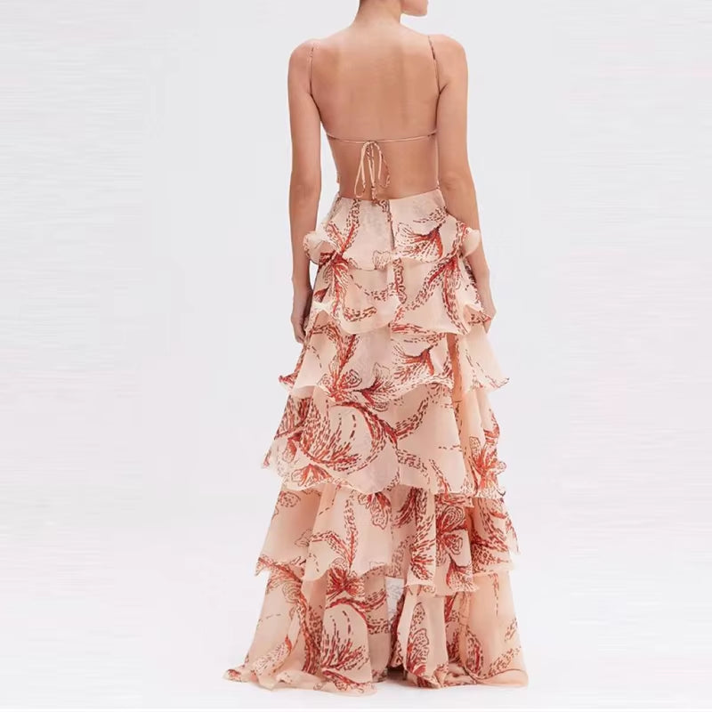 Lady Sexy V Neck Backless Tie up Long Dress Summer Sleeveless Hollow Bohemian Dress Fashion Butterfly Print Ruffle Pleated Dress