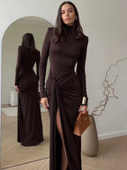Turtleneck Thigh High Split Sexy Maxi Dress for Women Fashion Long Sleeve Draped Bandage Bodycon Club Long Dress