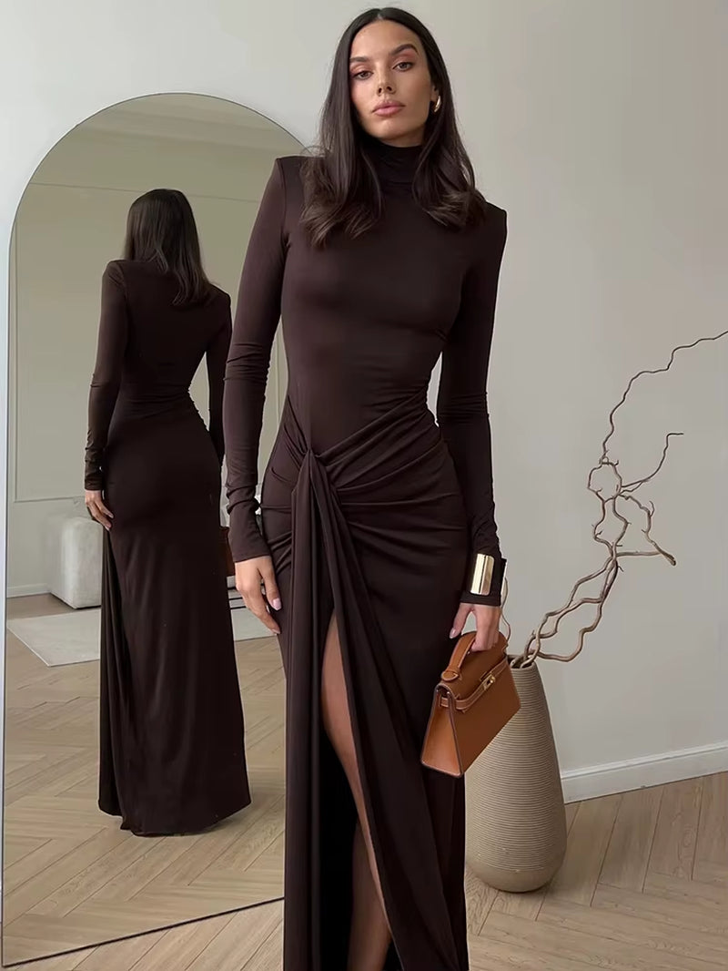 Turtleneck Thigh High Split Sexy Maxi Dress for Women Fashion Long Sleeve Draped Bandage Bodycon Club Long Dress