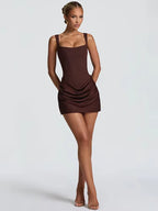 Backless Ruched Sexy Mini Dress Women Elegant Tapered Straps Square Collar Sleeveless High Waist Club Party Dress