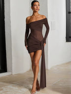 Off-Shoulder Long Sleeve Sexy Mini Dress Women Fashion See through Strapless Backless Draped Ruched Club Party Dresses