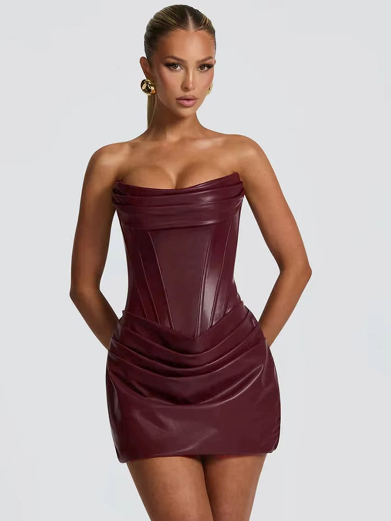 PU Leather Off-Shoulder Strapless Sexy Mini Dress Women Gown Elegant Backless Sleeveless Ruched Club Party Dresses