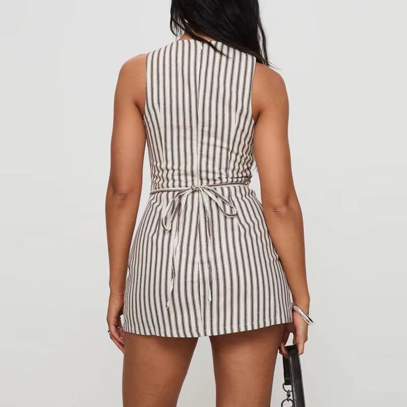New Fashion Striped Print Slim Fit Mini Dress Women Casual round Neck Sleeveless Party Dress Elegant Lace-Up Waist A-Line Dress