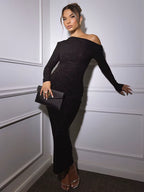 Sparkle Long Sleeve Sexy Maxi Dress for Women Inclined Shoulder Backless Bodycon Ruched Club Party Sexy Long Dress