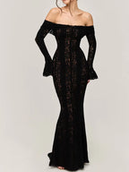White Sexy Lace Flare Sleeve Dress off Shoulder Slim Maxi Dresses Women 2024 Female Hollow Out Mermaid Floor Length Elegant Robe