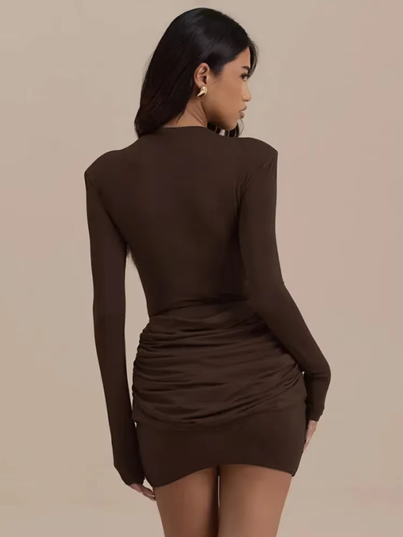 Long Sleeve Ruched Sexy Mini Dress Women Autumn Winter New Elegant High Waist Bodycon Club Party Dresses Female